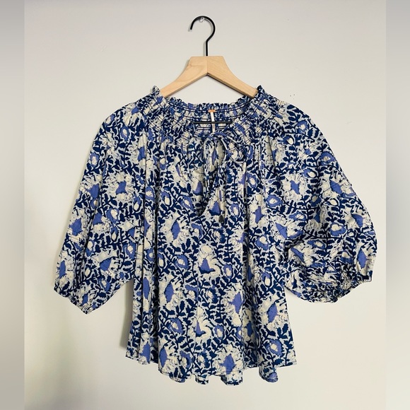 Free People Willow Printed Blouse in Blue Batik Combo - Picture 2 of 15